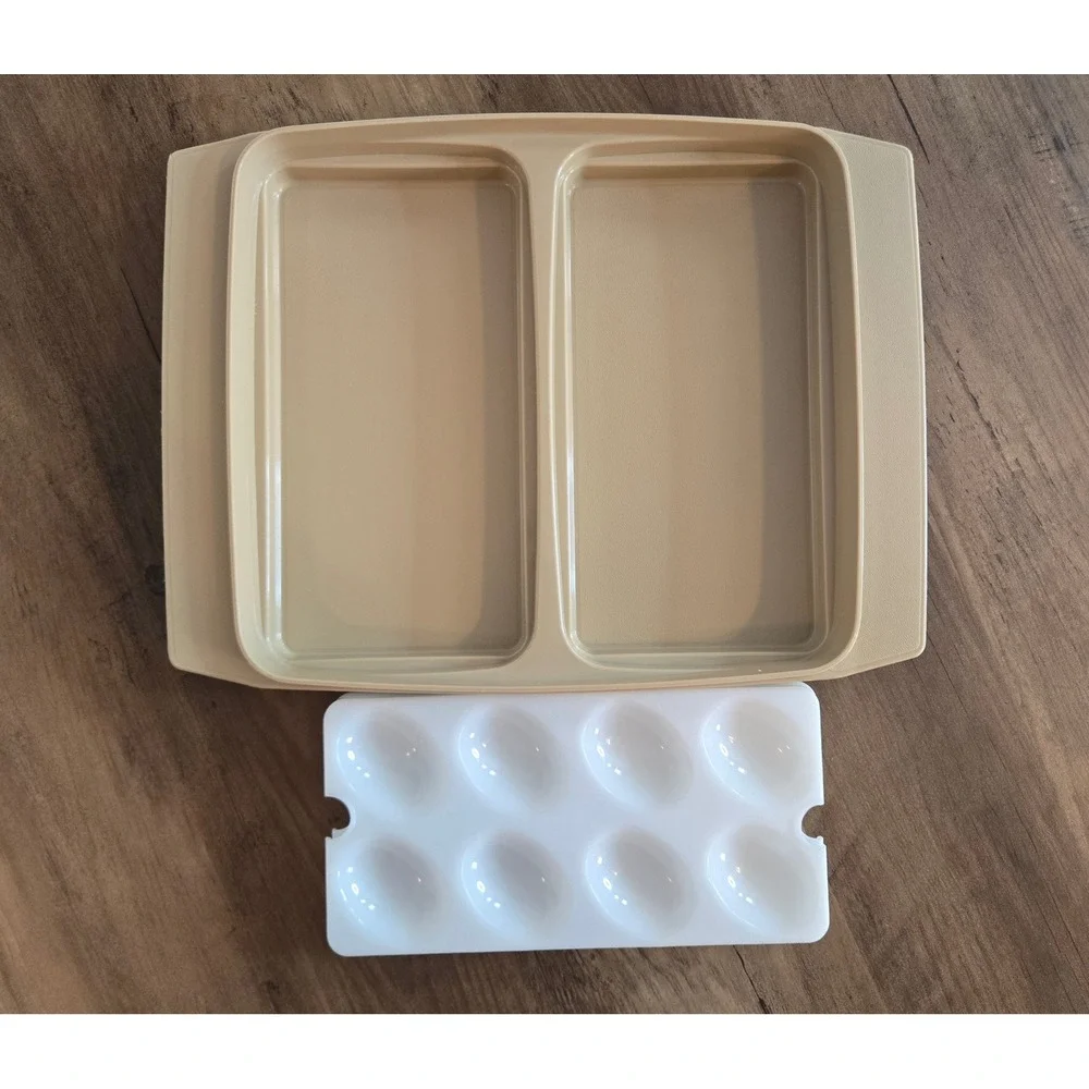 Vintage Tupperware Deviled Egg Carrier Almond Beige 723-3 Tray 724-4 Inserts Lid